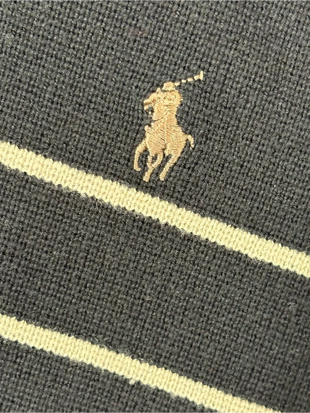 Vintage Polo by Ralph Lauren Black + Gold V-Neck Sweater with Contrast Stripes